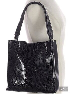 Stuart Weitzman Black Embossed Shiny Leather Oversized Totebag